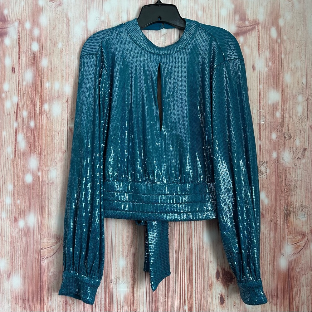 Dynamite Corsair Blue Long Sleeve Mockneck Open Back Tie Waist Sequin Top Sz L